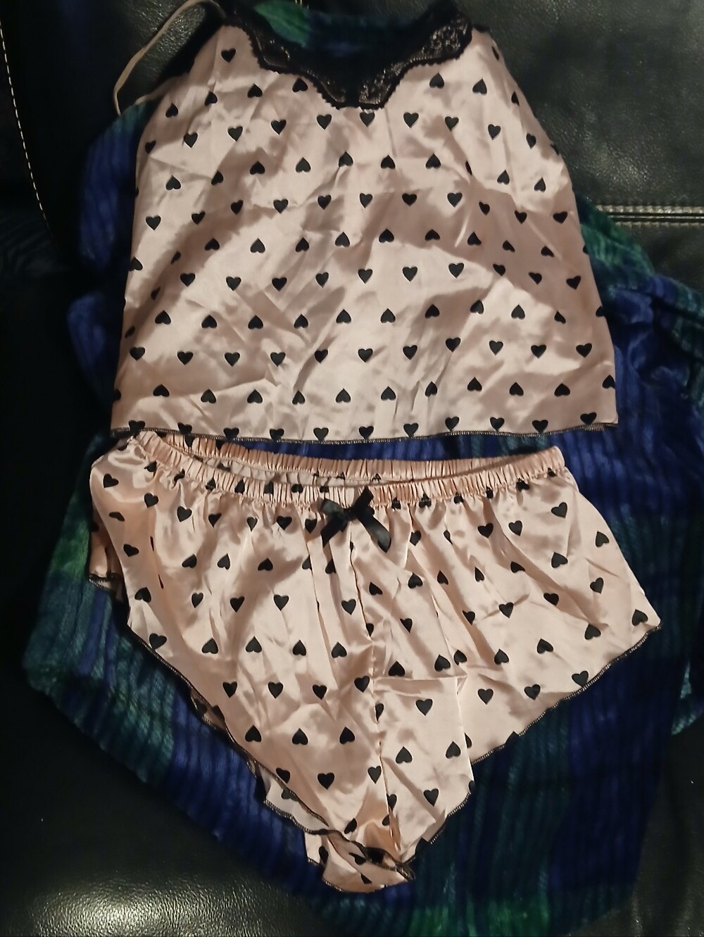 Women's Pink Heart Print Satin Cami & Short Sleep Set